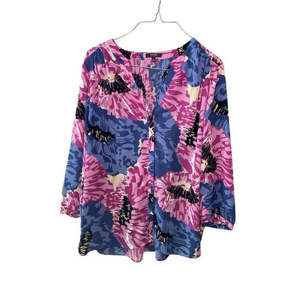 NYDJ Blouse 3/4 Sleeves Button Front Abstract Floral Print Blue Pink Large - Picture 1 of 6
